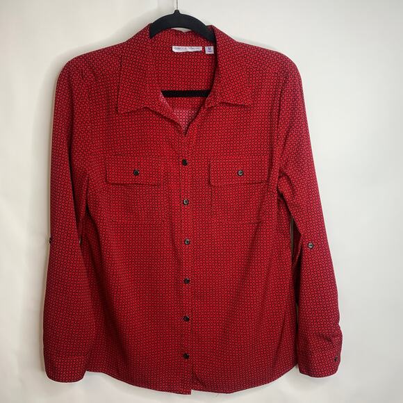 Rebecca Malone Black Red Geometric Blouse Sz Medium - Picture 1 of 5